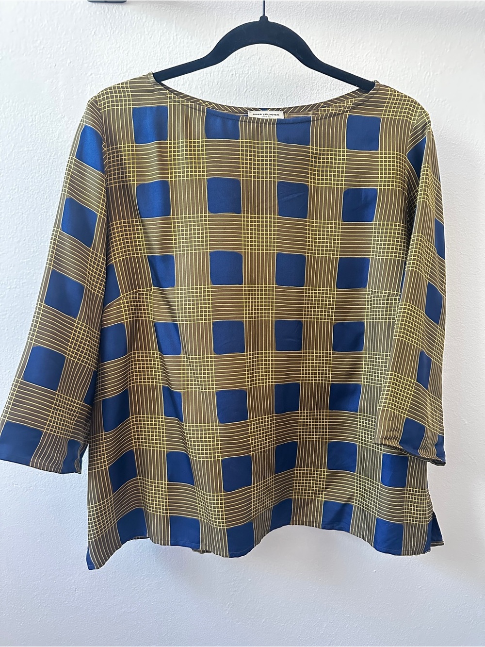 DRIES VAN NOTEN Blue and Olive Plaid Boxy Silk Blouse